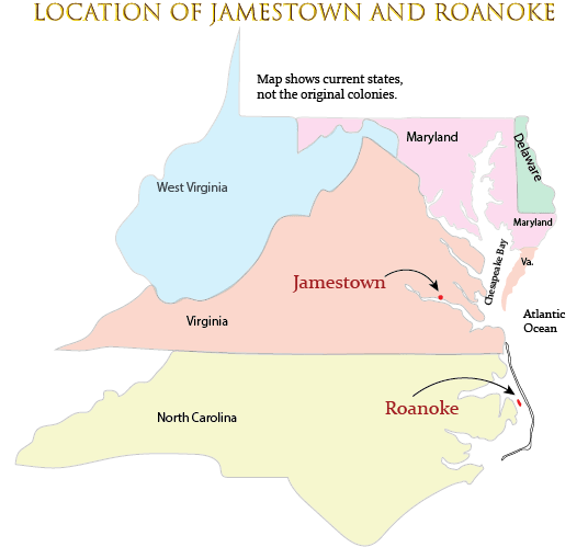 Location of Jamestown and Roanoke