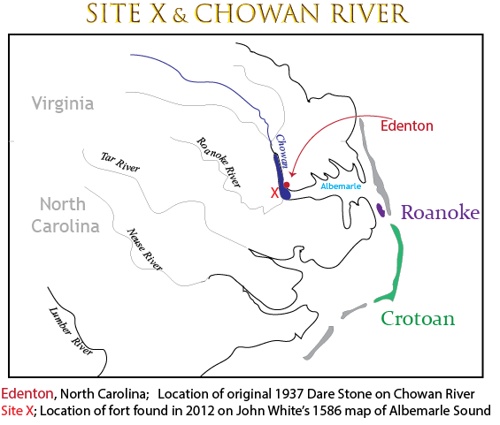 Site X and location of Chowan River Dare Stone